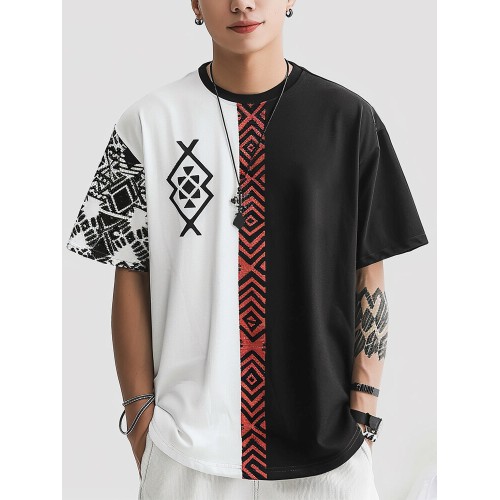 Mens Geometric Ethnic Pattern Patchwork Crew Neck Short Sleeve T-Shirts