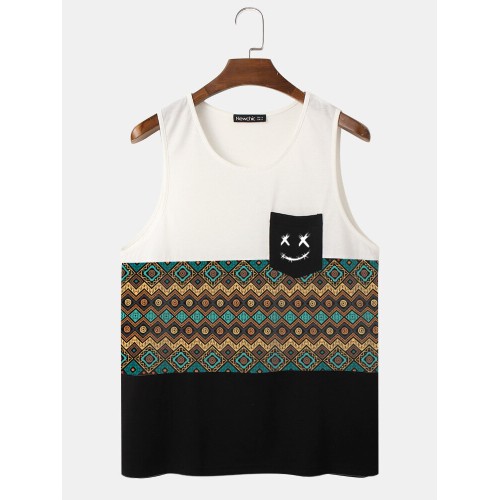 Mens Geometric Funny Face Print Chest Pocket Patchwork Sleeveless Tanks