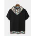 Mens Geometric Print Patchwork Chest Pocket Short Sleeve Hooded T-Shirts