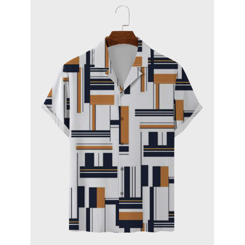 Mens Geometric Print Revere Collar Casual Short Sleeve Shirts