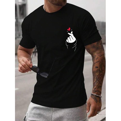 Mens Heart Gesture Print Valentine's Day Casual Short Sleeve T-Shirts