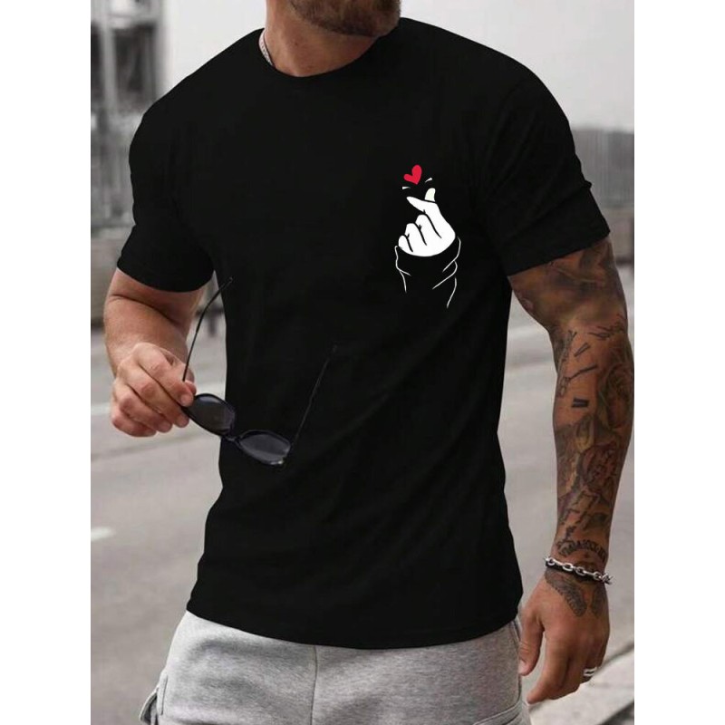 Mens Heart Gesture Print Valentine's Day Casual Short Sleeve T-Shirts