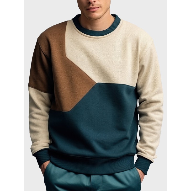 Mens Irregular Color Block Patchwork Crew Neck Pullover Sweatshirts