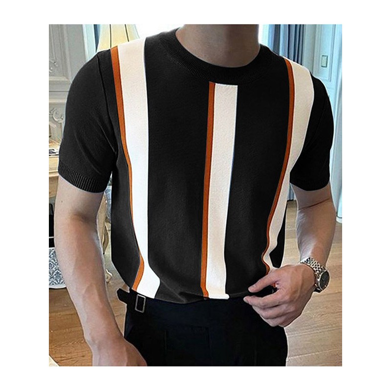 Mens Japan Striped Short Sleeve Knit T-shirt