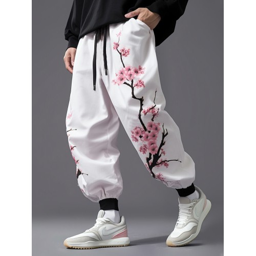 Mens Japanese Cherry Blossoms Print Loose Drawstring Waist Pants
