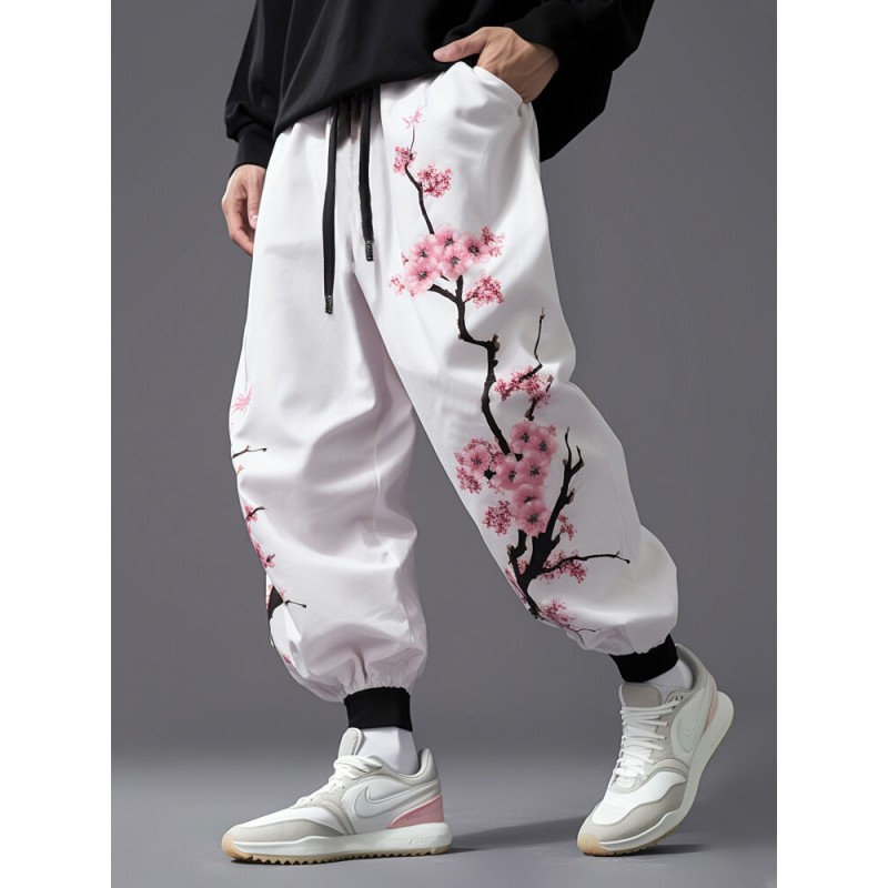 Mens Japanese Cherry Blossoms Print Loose Drawstring Waist Pants
