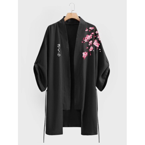 Mens Japanese Cherry Blossoms Print Open Front Loose Kimonos