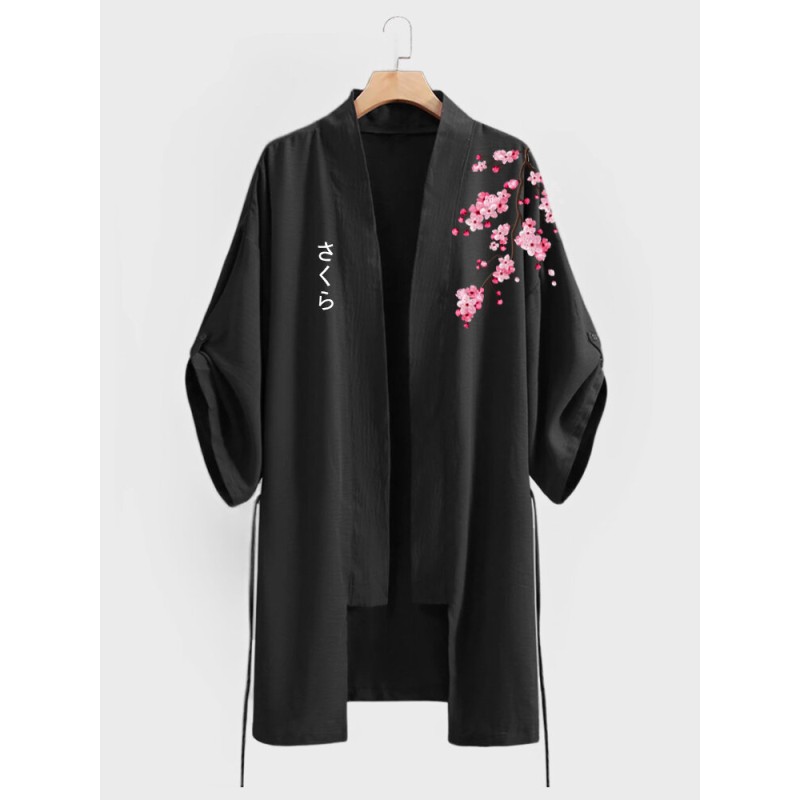 Mens Japanese Cherry Blossoms Print Open Front Loose Kimonos