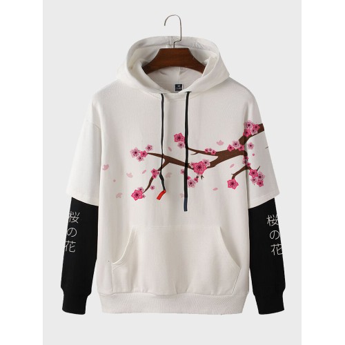 Mens Japanese Cherry Blossoms Print Patchwork Kangaroo Pocket Hoodies