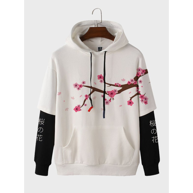 Mens Japanese Cherry Blossoms Print Patchwork Kangaroo Pocket Hoodies