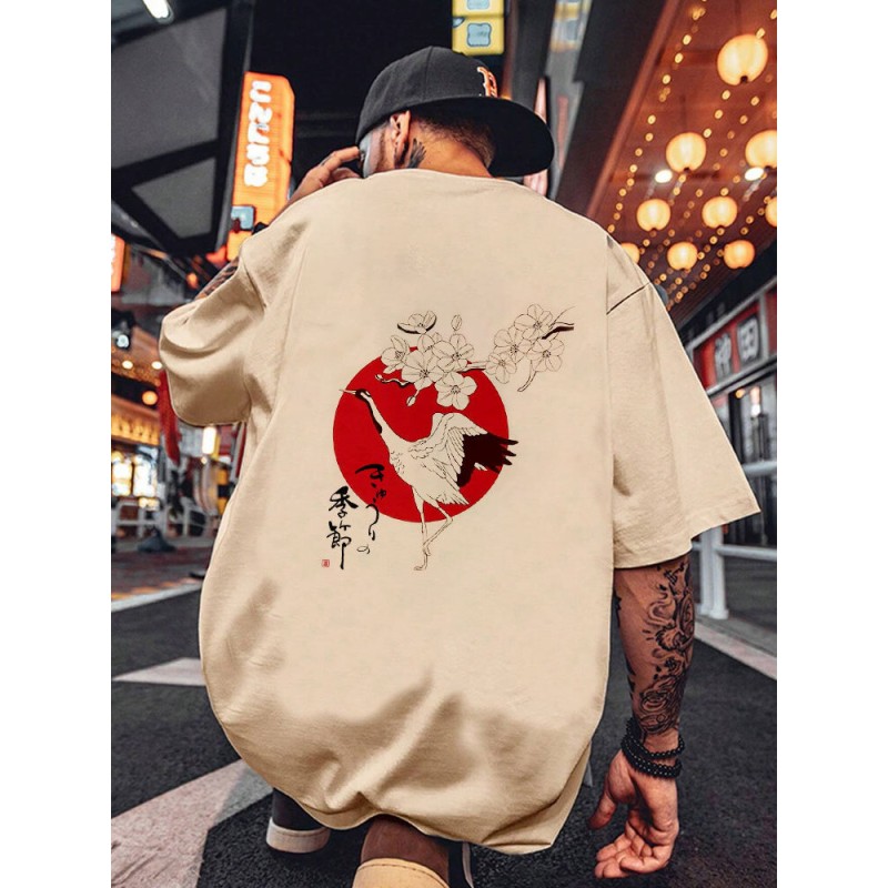 Mens Japanese Crane Floral Back Print Short Sleeve T-Shirts
