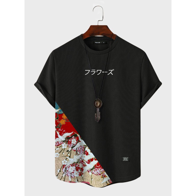 Mens Japanese Floral Crane Print Patchwork Short Sleeve T-Shirts