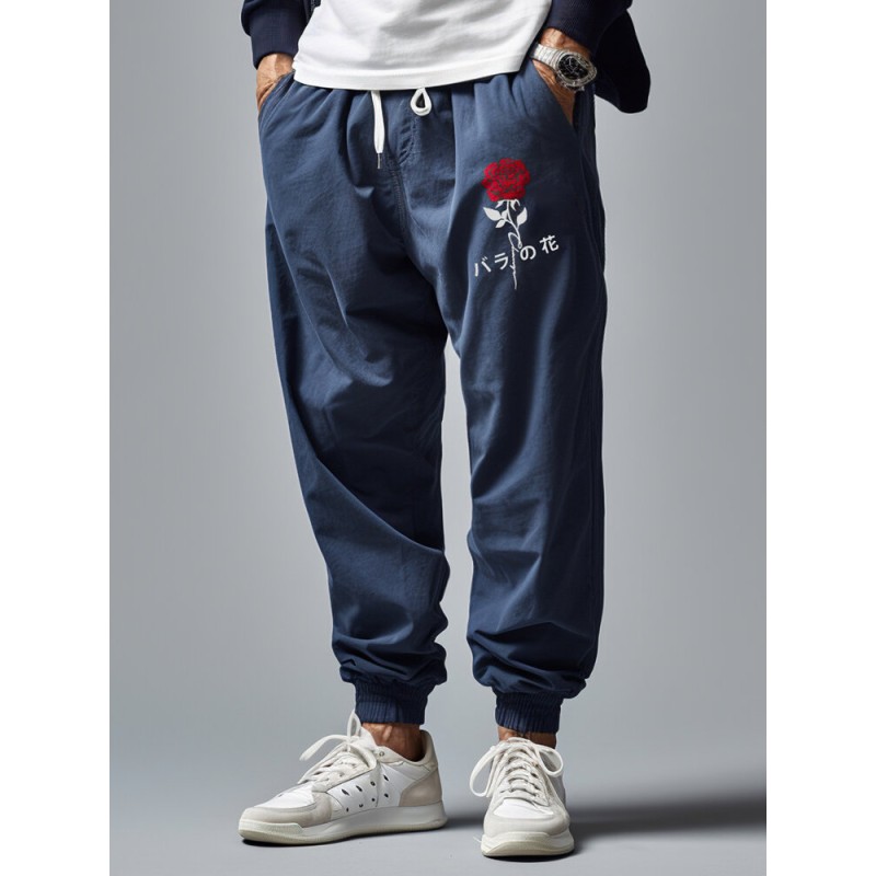 Mens Japanese Floral Embroidered Loose Drawstring Waist Pants