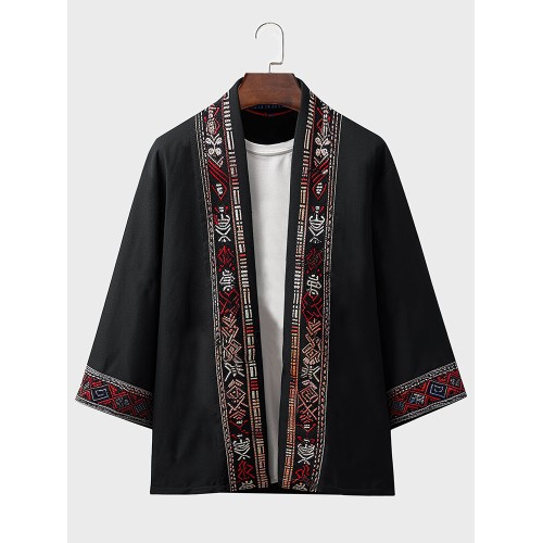 Mens Japanese Geometric Pattern Patchwork Loose 3/4 Sleeve Kimono