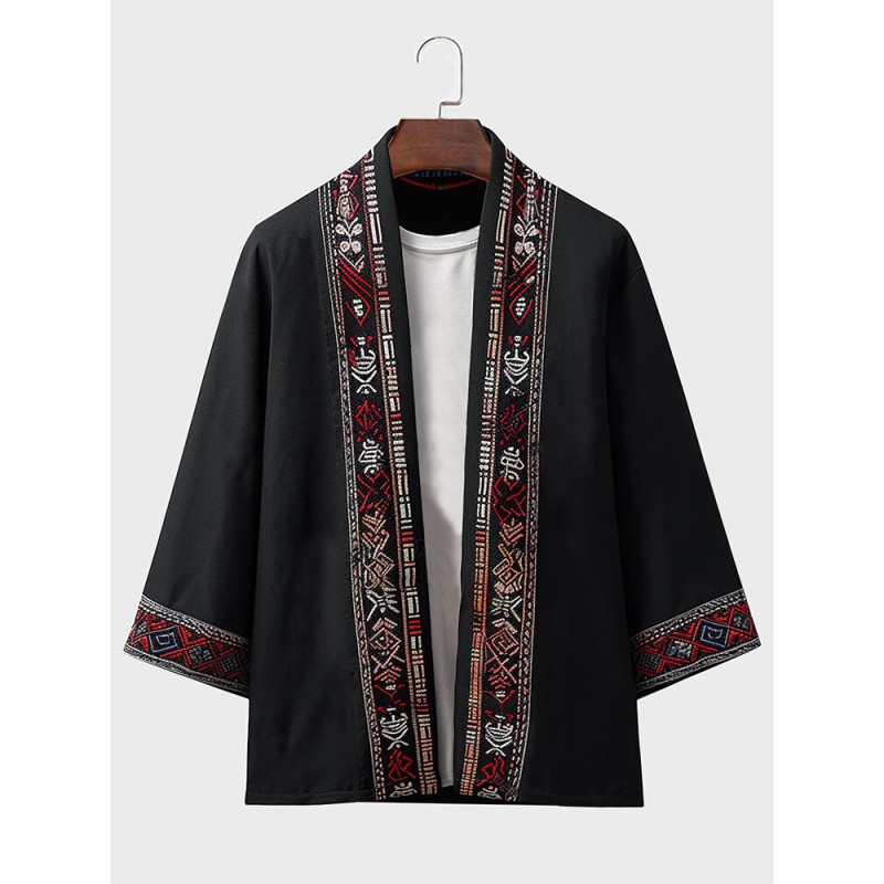 Mens Japanese Geometric Pattern Patchwork Loose 3/4 Sleeve Kimono