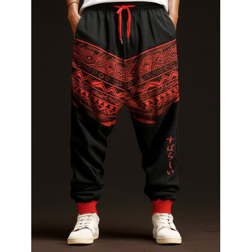 Mens Japanese Geometric Print Contrast Patchwork Drawstring Waist Pants