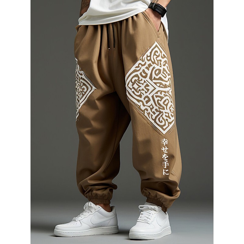 Mens Japanese Graphic Elastic Cuff Drawstring Waist Loose Pants