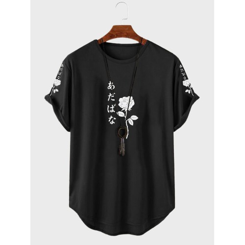 Mens Japanese Roses Print Curved Hem Short Sleeve Shirts