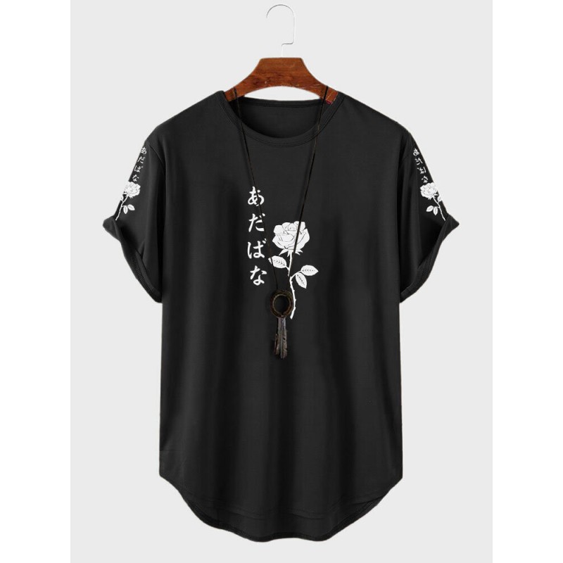 Mens Japanese Roses Print Curved Hem Short Sleeve Shirts