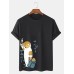 Mens Japanese Style Cat Print Crew Neck Cotton Short Sleeve T-Shirts