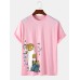 Mens Japanese Style Cat Print Crew Neck Cotton Short Sleeve T-Shirts