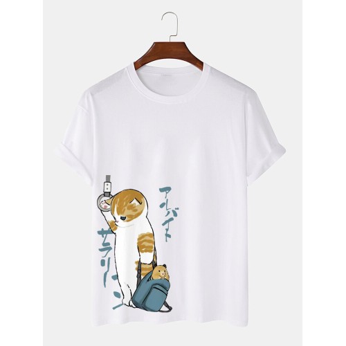 Mens Japanese Style Cat Print Crew Neck Cotton Short Sleeve T-Shirts