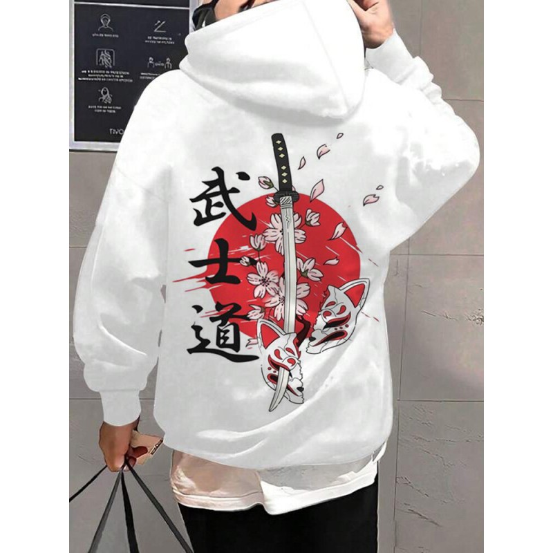 Mens Japanese Warrior Cat Floral Back Print Long Sleeve Hoodies