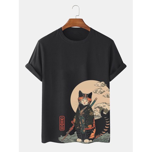 Mens Japanese Wave Cat Print Crew Neck Short Sleeve T-Shirts