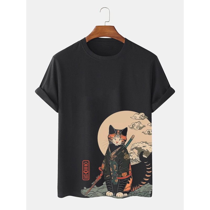 Mens Japanese Wave Cat Print Crew Neck Short Sleeve T-Shirts