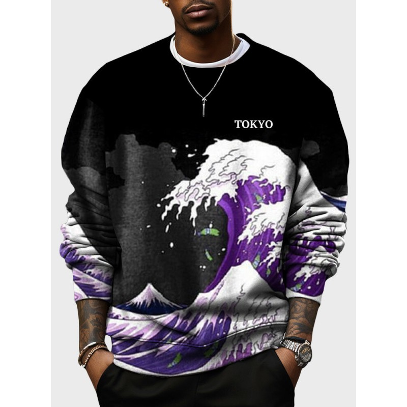 Mens Japanese Wave Print Crew Neck Long Sleeve Pullover Sweatshirts