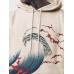 Mens Japanese Wave Print Long Sleeve Loose Drawstring Hoodies