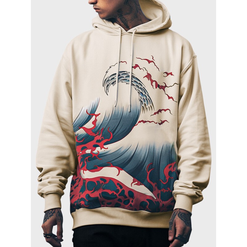 Mens Japanese Wave Print Long Sleeve Loose Drawstring Hoodies