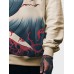 Mens Japanese Wave Print Long Sleeve Loose Drawstring Hoodies