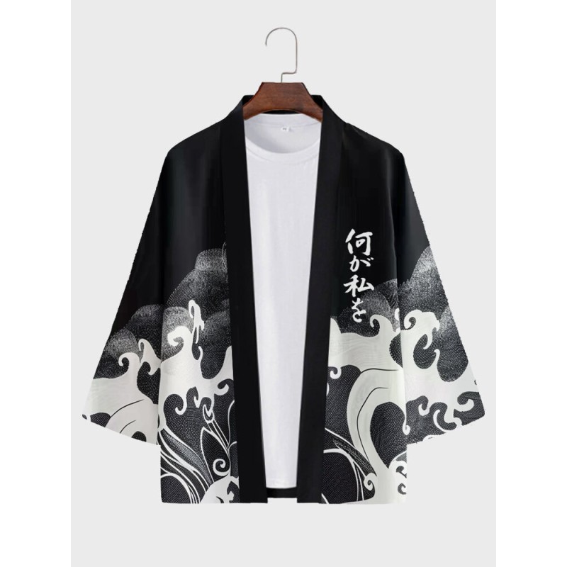 Mens Japanese Wave Print Open Front Loose 3/4 Sleeve Kimono