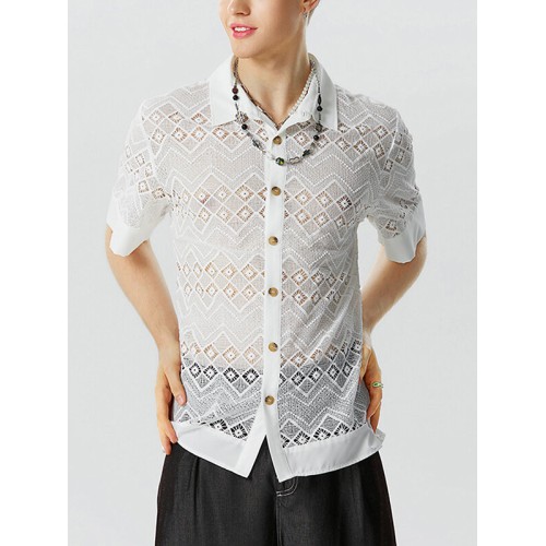 Mens Lace Patchwork Lapel Short Sleeve Shirt