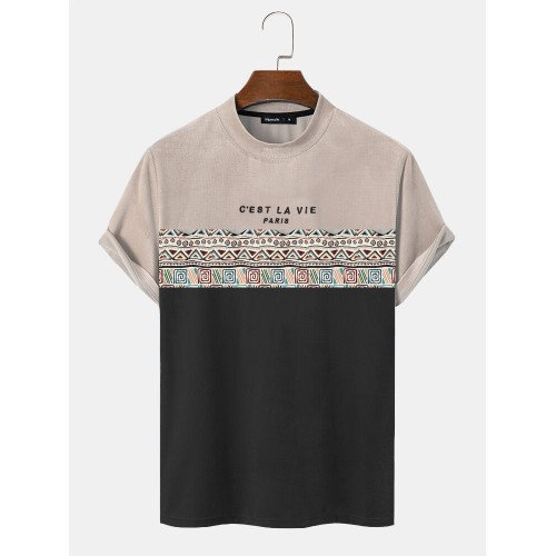 Mens Letter Geometric Pattern Patchwork Texture Short Sleeve T-Shirts