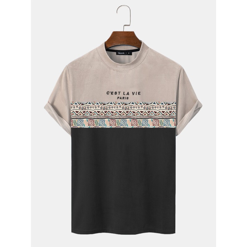 Mens Letter Geometric Pattern Patchwork Texture Short Sleeve T-Shirts