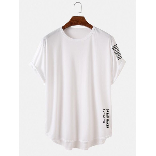 Mens Letter Japanese Print High Low Curved Hem Short Sleeve T-Shirts