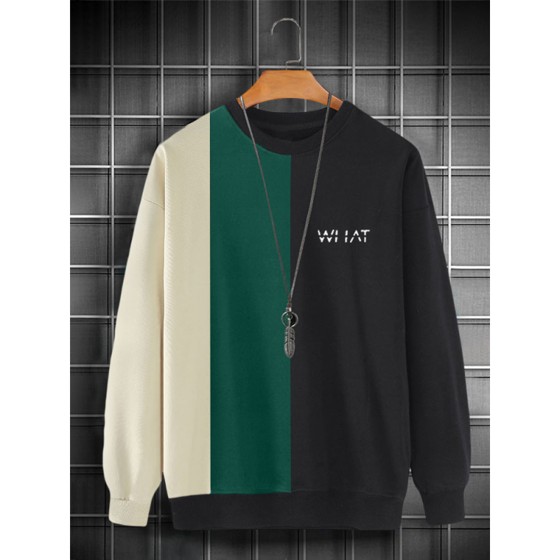 Mens Letter Print Color Block Patchwork Casual Pullover Sweatshirts