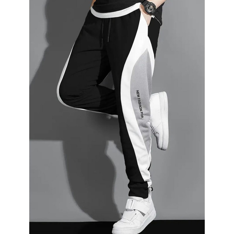 Mens Letter Print Color Block Patchwork Drawstring Waist Sweatpants