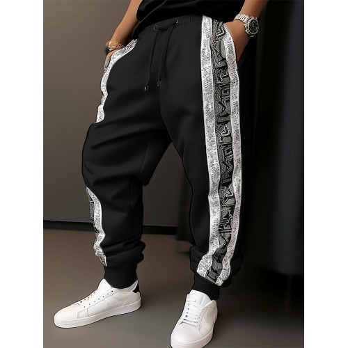 Mens Monochrome Ethnic Pattern Patchwork Loose Drawstring Waist Pants