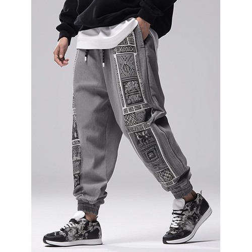 Mens Monochrome Ethnic Pattern Patchwork Loose Drawstring Waist Pants