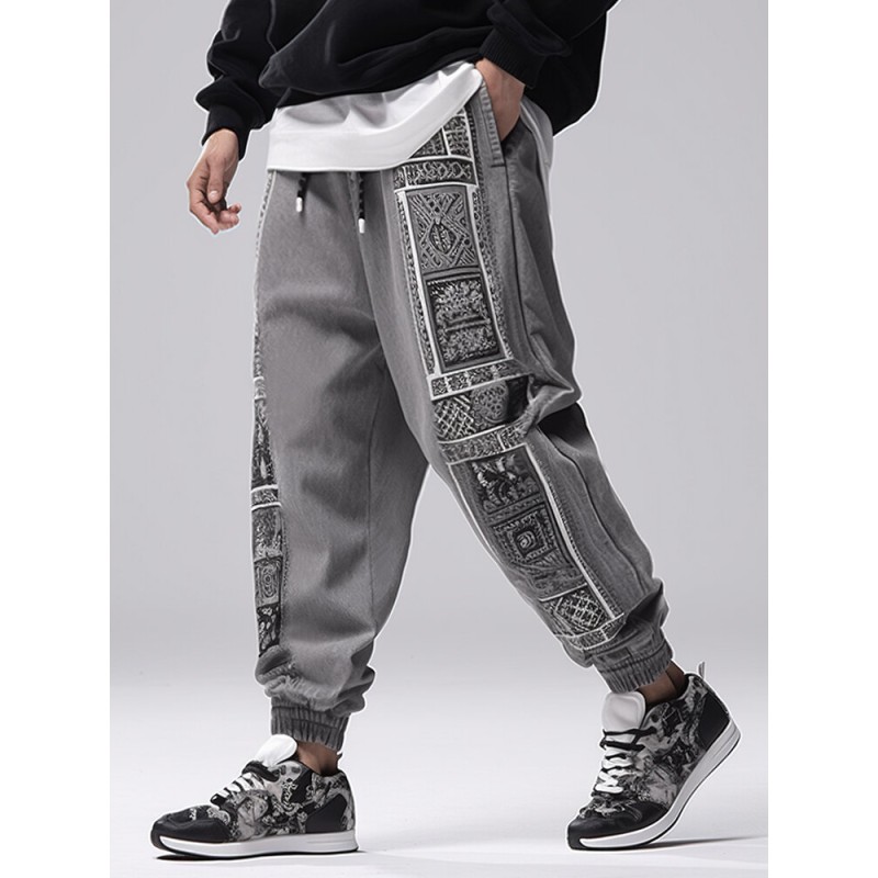 Mens Monochrome Ethnic Pattern Patchwork Loose Drawstring Waist Pants