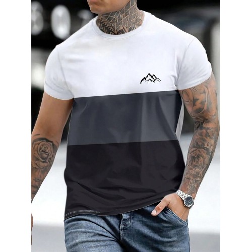 Mens Mountain Print Color Block Patchwork Short Sleeve T-Shirts