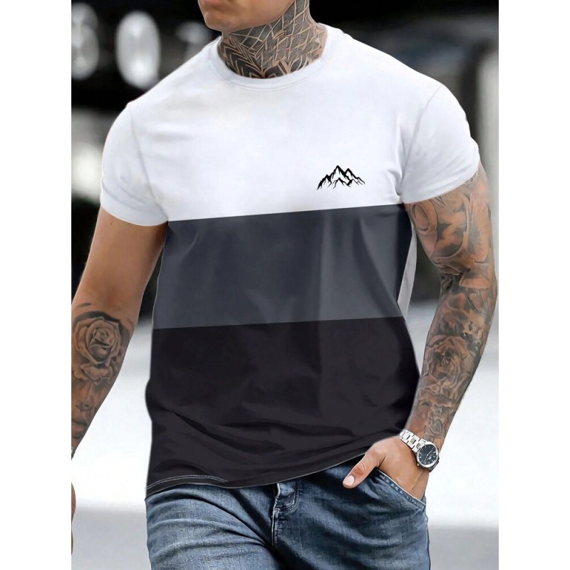 Mens Mountain Print Color Block Patchwork Short Sleeve T-Shirts