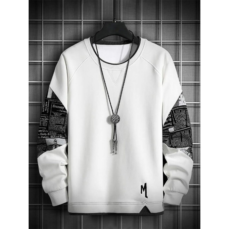Mens Newspaper Print Patchwork Crew Neck Pullover Sweatshirts