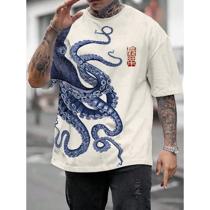 Mens Octopus Print Crew Neck Short Sleeve Casual T-Shirts