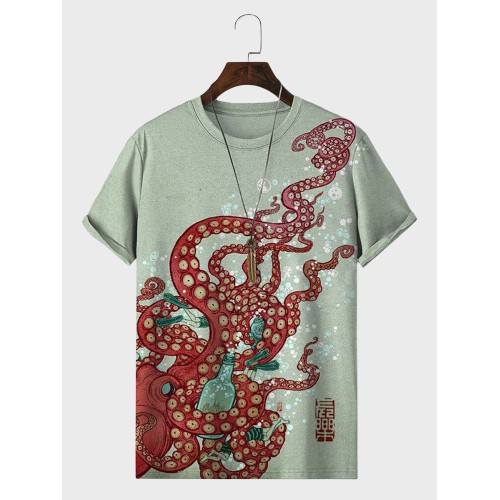 Mens Octopus Print Crew Neck Short Sleeve T-Shirts