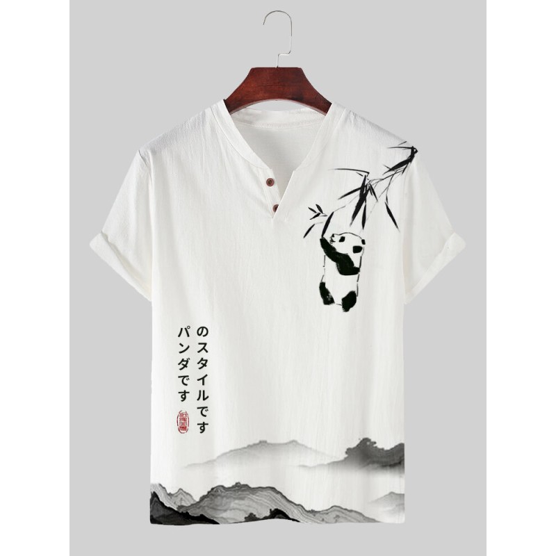 Mens Panda Bamboo Japanese Print Notched Neck Short Sleeve T-Shirts