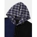 Mens Patchwork Button Up Corduroy Preppy Plaid Hooded Shirts